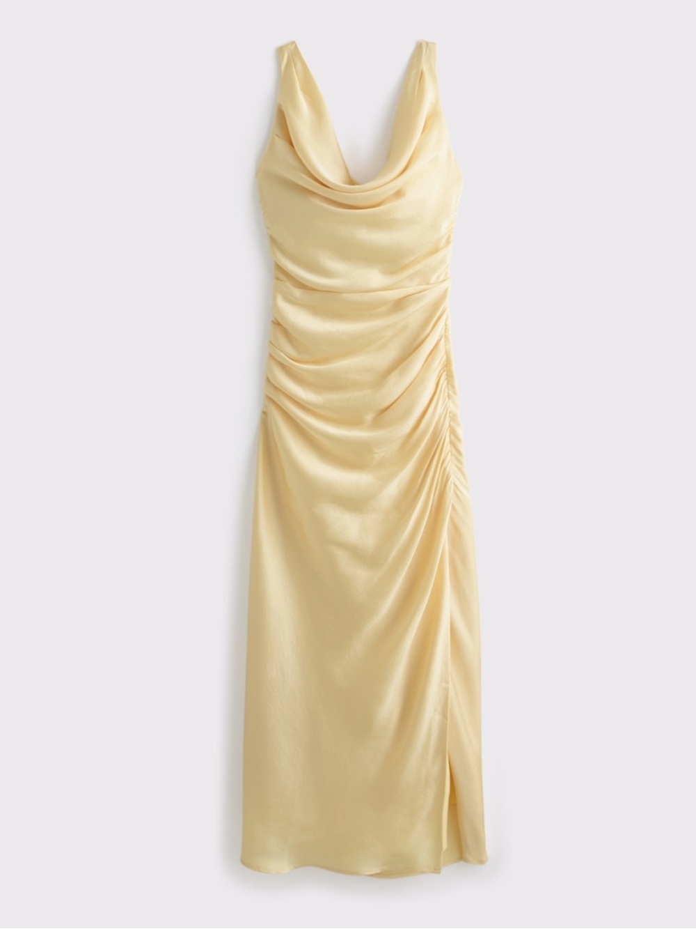 Elegant Yellow Cowl Neck Draped Satin Dress with Side Ruched Slit - Picture 5 of 6
